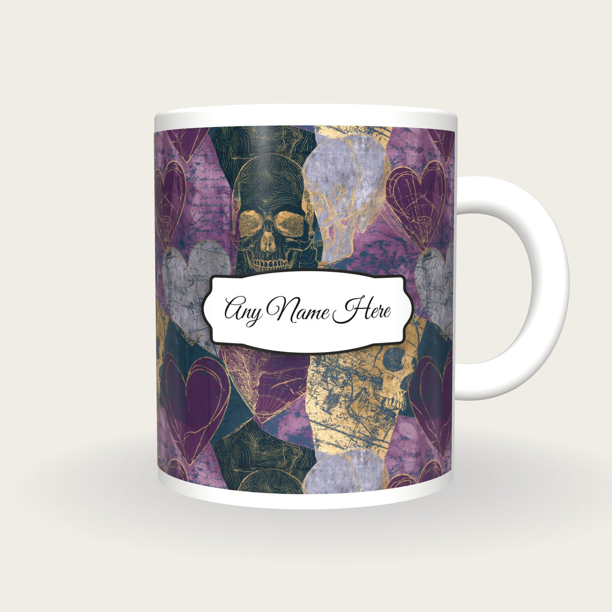 Antique Map Hearts Skulls Name Mug 2, front with the name label