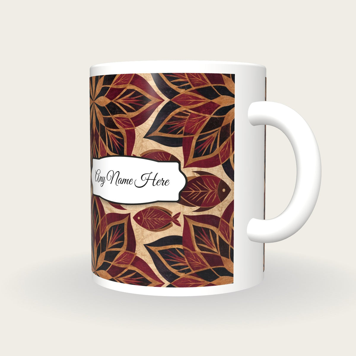 Mandala Fish Name Mug, three-quarter view