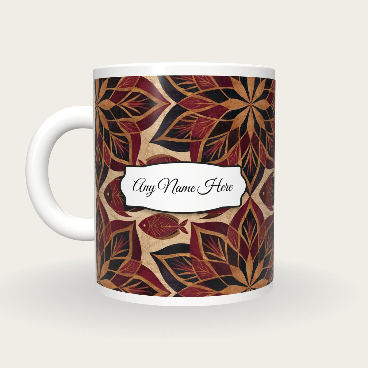 Mandala Fish Name Mug, back with the second name label