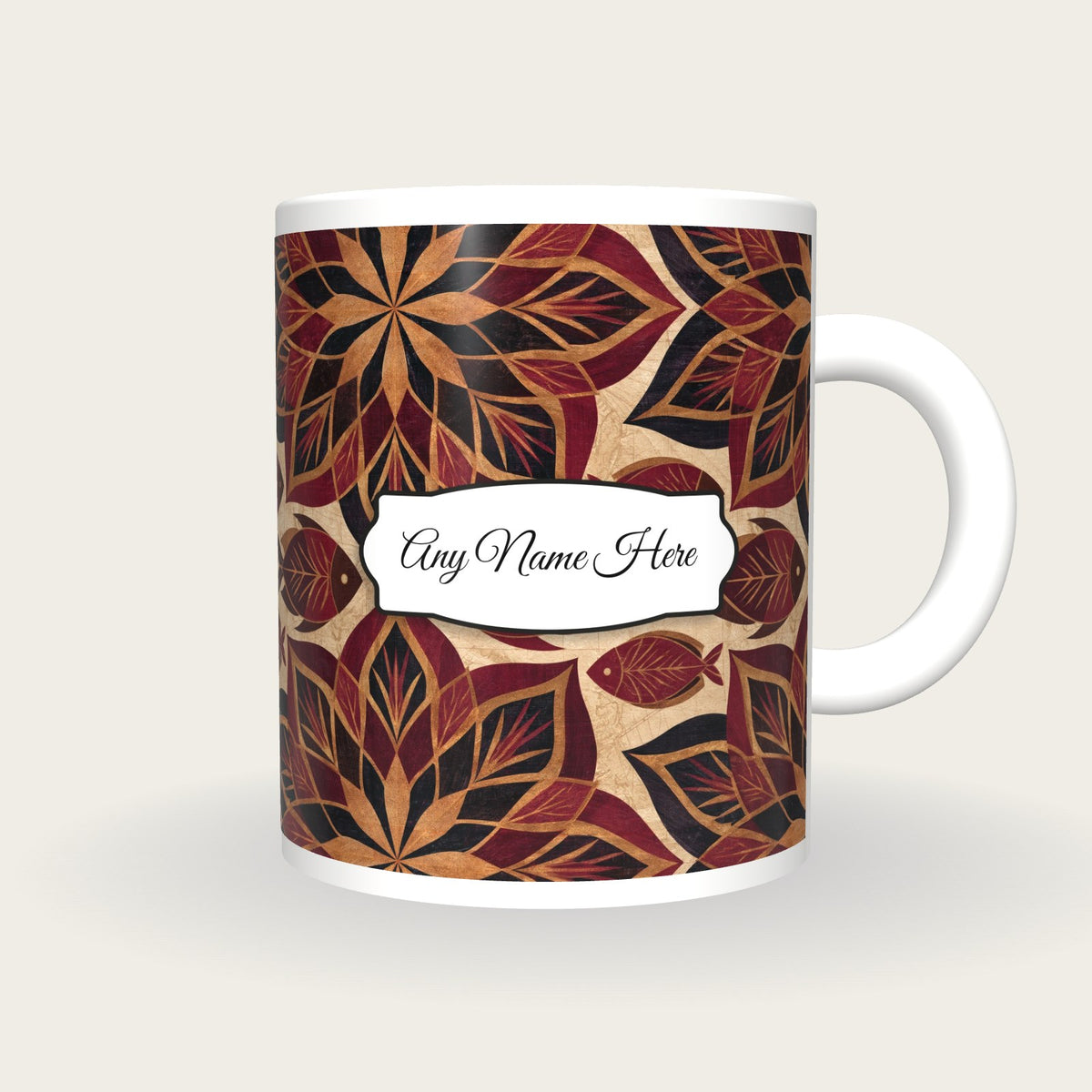 Mandala Fish Name Mug, front with the name label