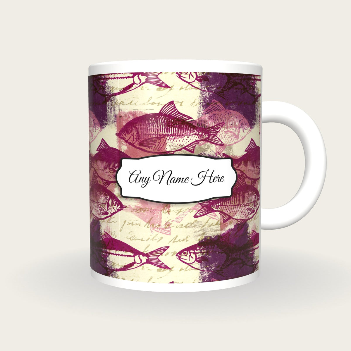 Newsprint Fish Name Mug, front with the name label