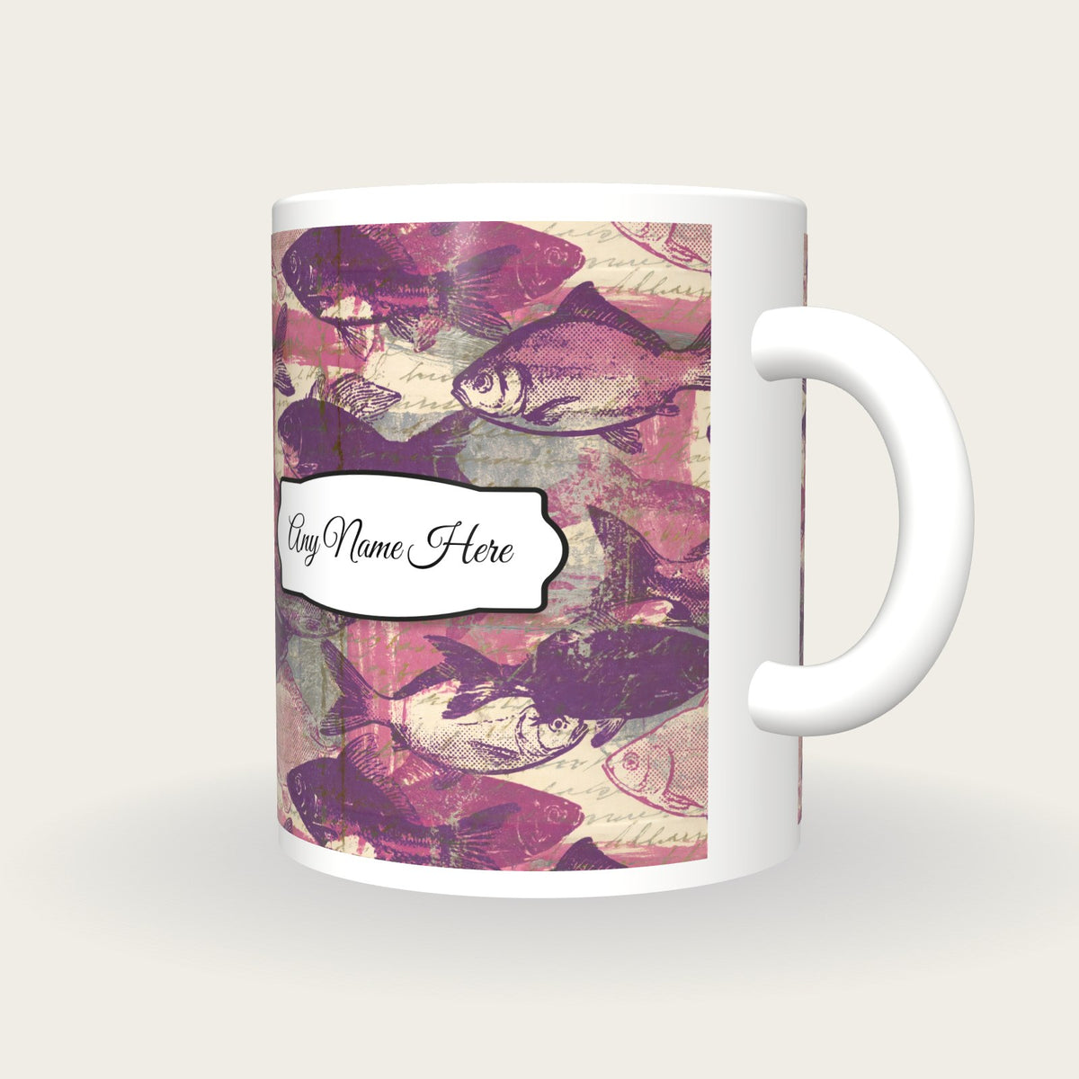 Newsprint Fish Name Mug 2, three-quarter view