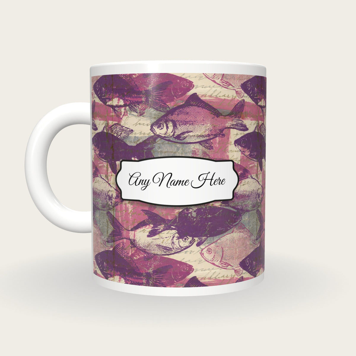 Newsprint Fish Name Mug 2, back with the second name label