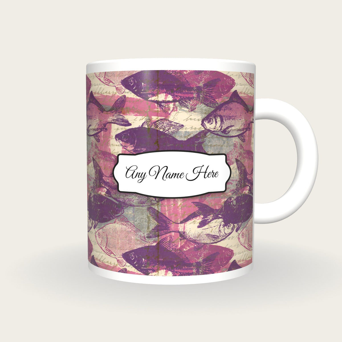 Newsprint Fish Name Mug 2, front with the name label