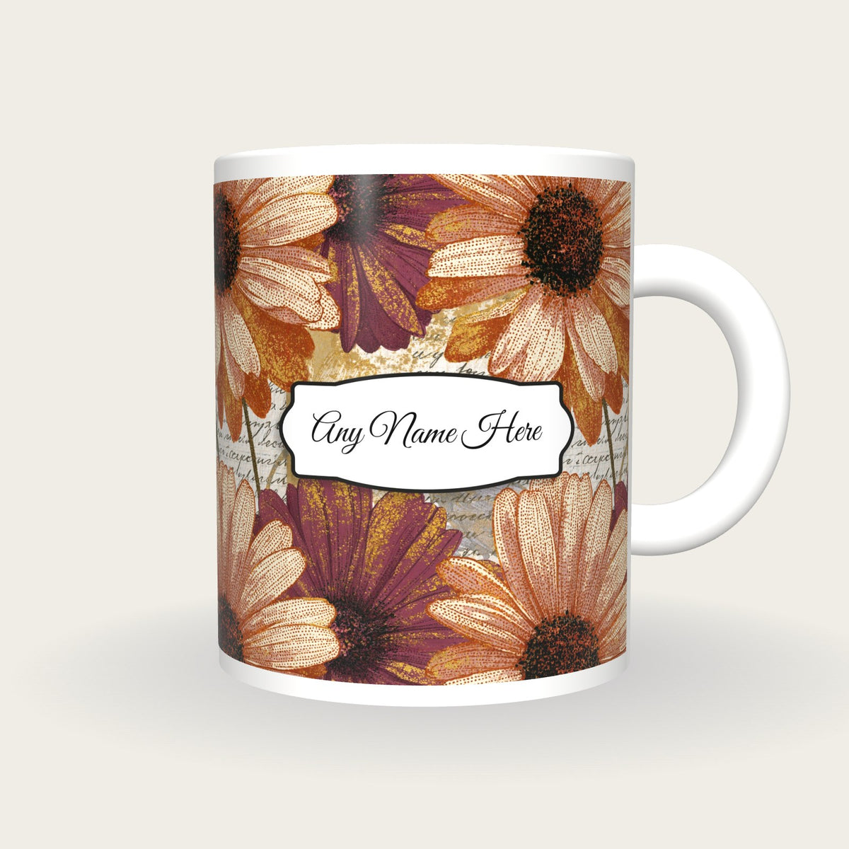 Stipple Daisy Name Mug, front with the name label