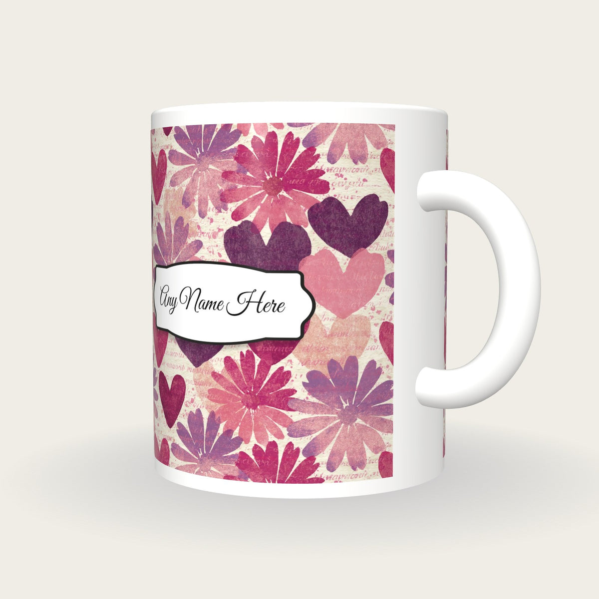 Lithograph Daisies Hearts Name Mug, three-quarter view