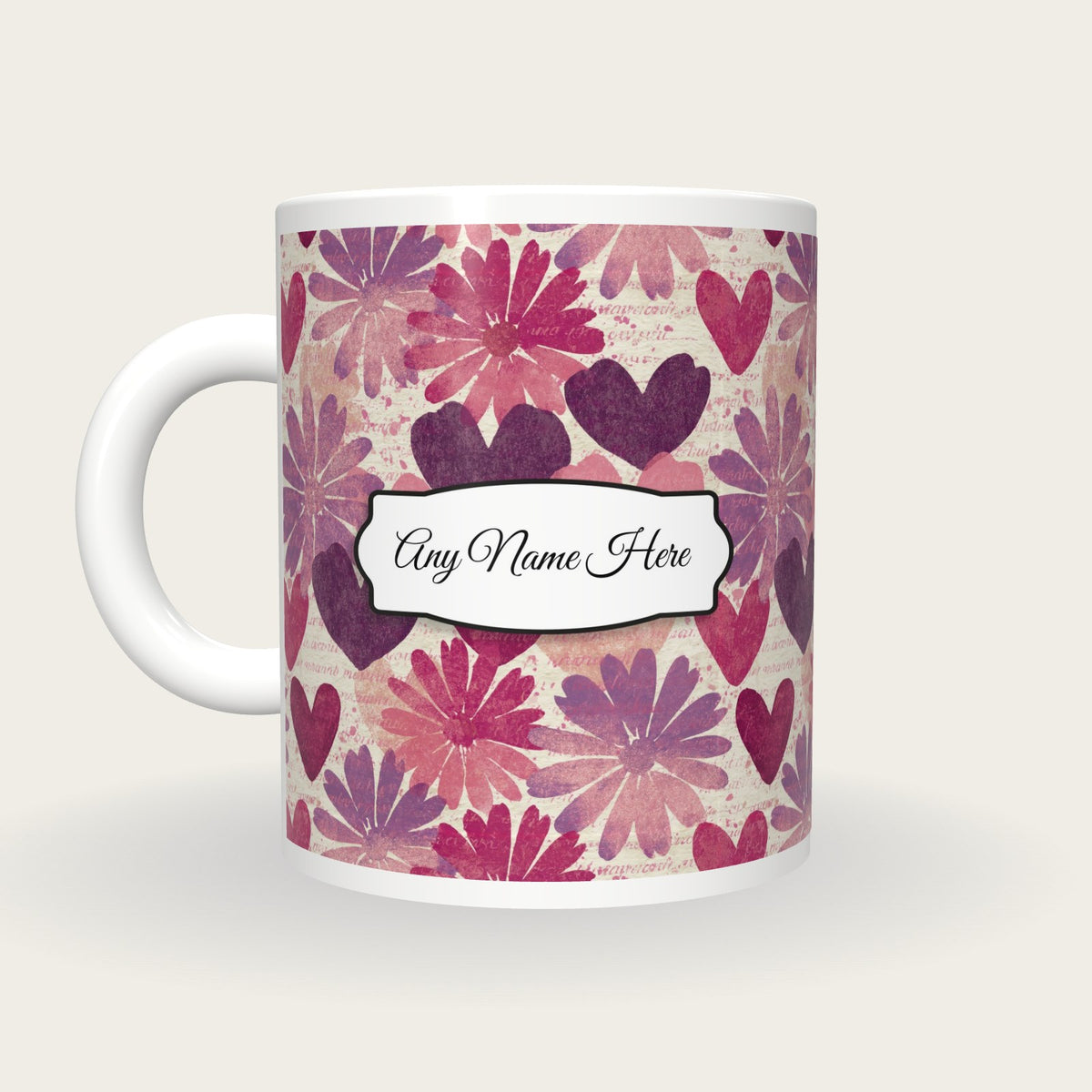 Lithograph Daisies Hearts Name Mug, back with the second name label