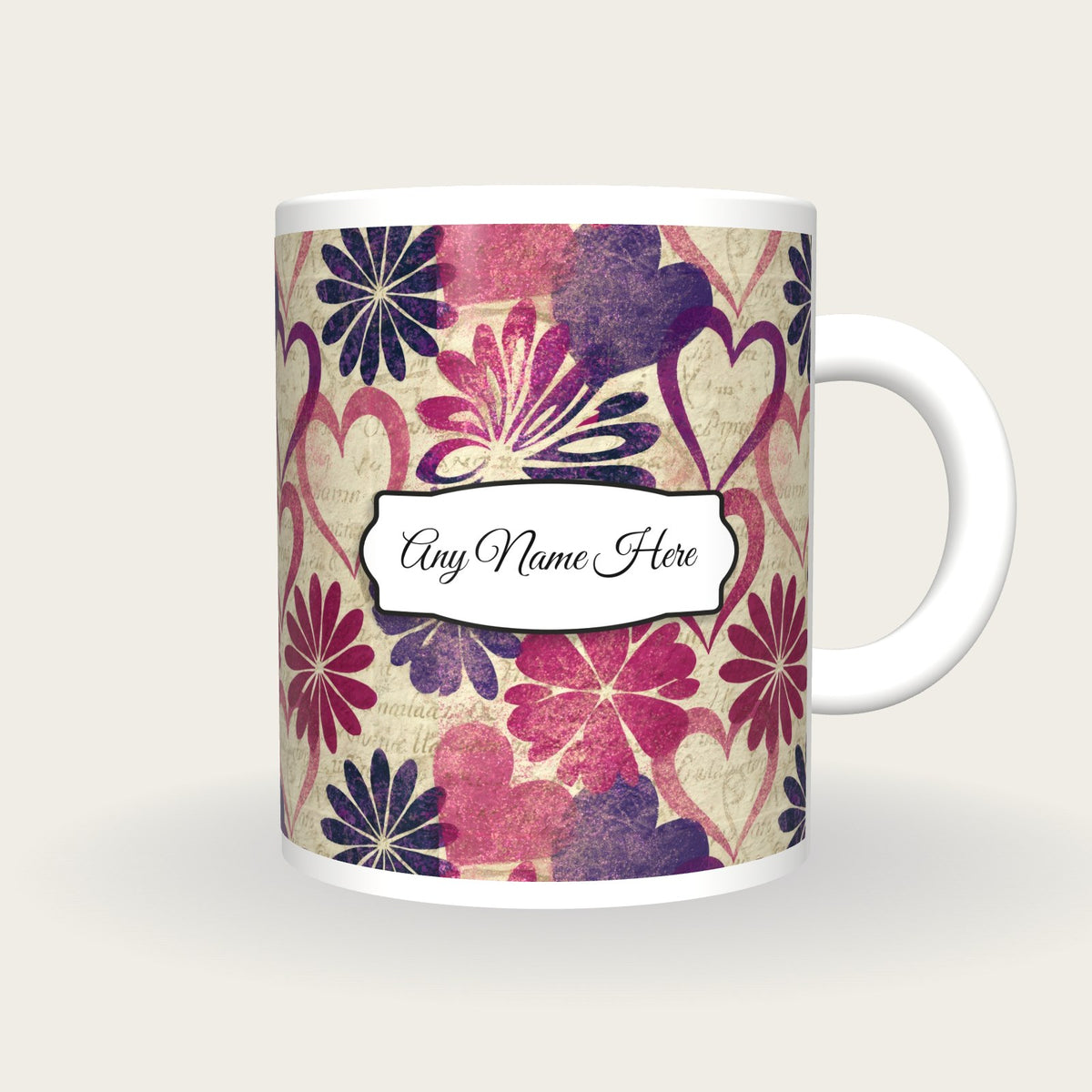 Lithograph Daisies Hearts Name Mug 2, front with the name label