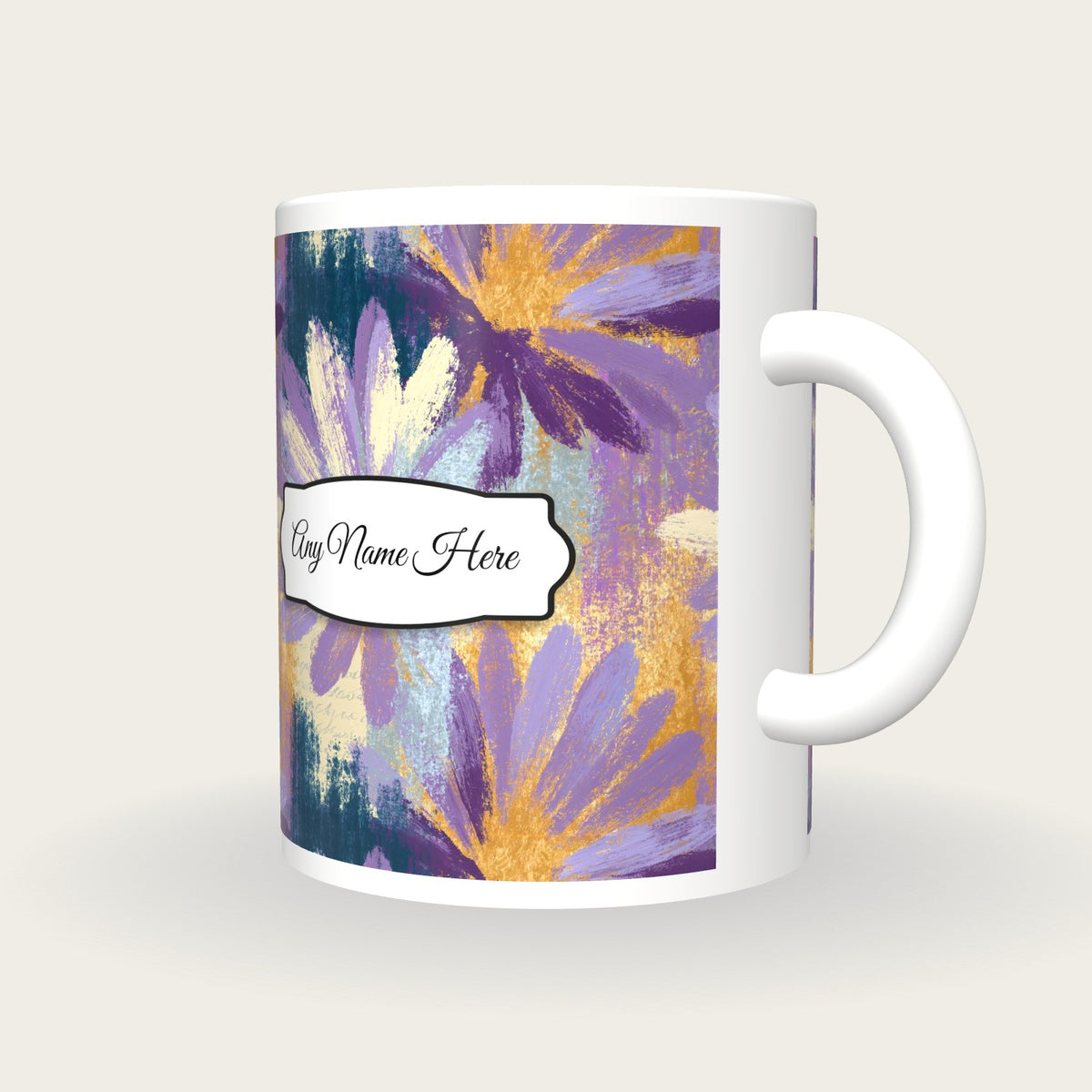 Oil Pastel Daisy Hearts Name Mug, three-quarter view