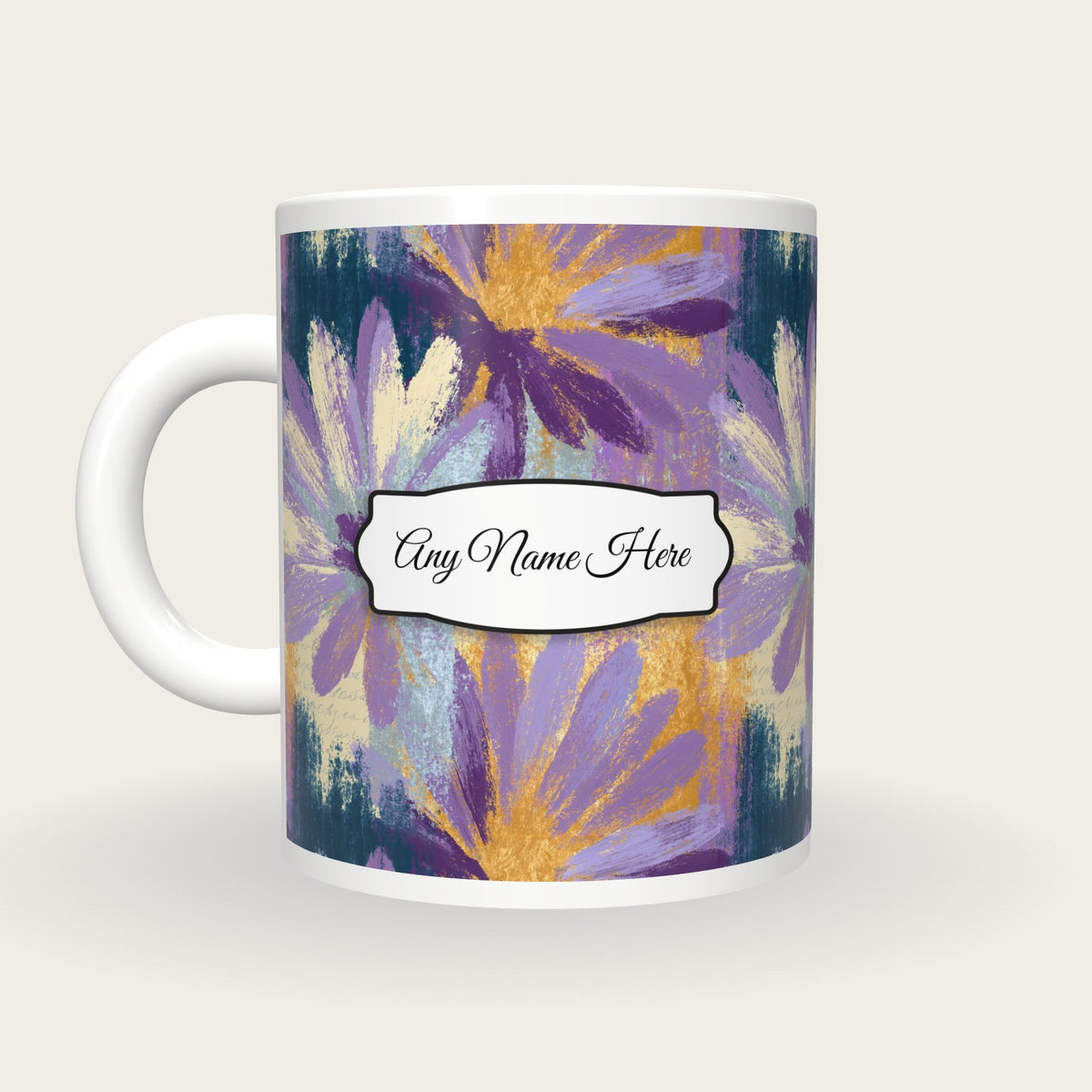 Oil Pastel Daisy Hearts Name Mug, back with the second name label