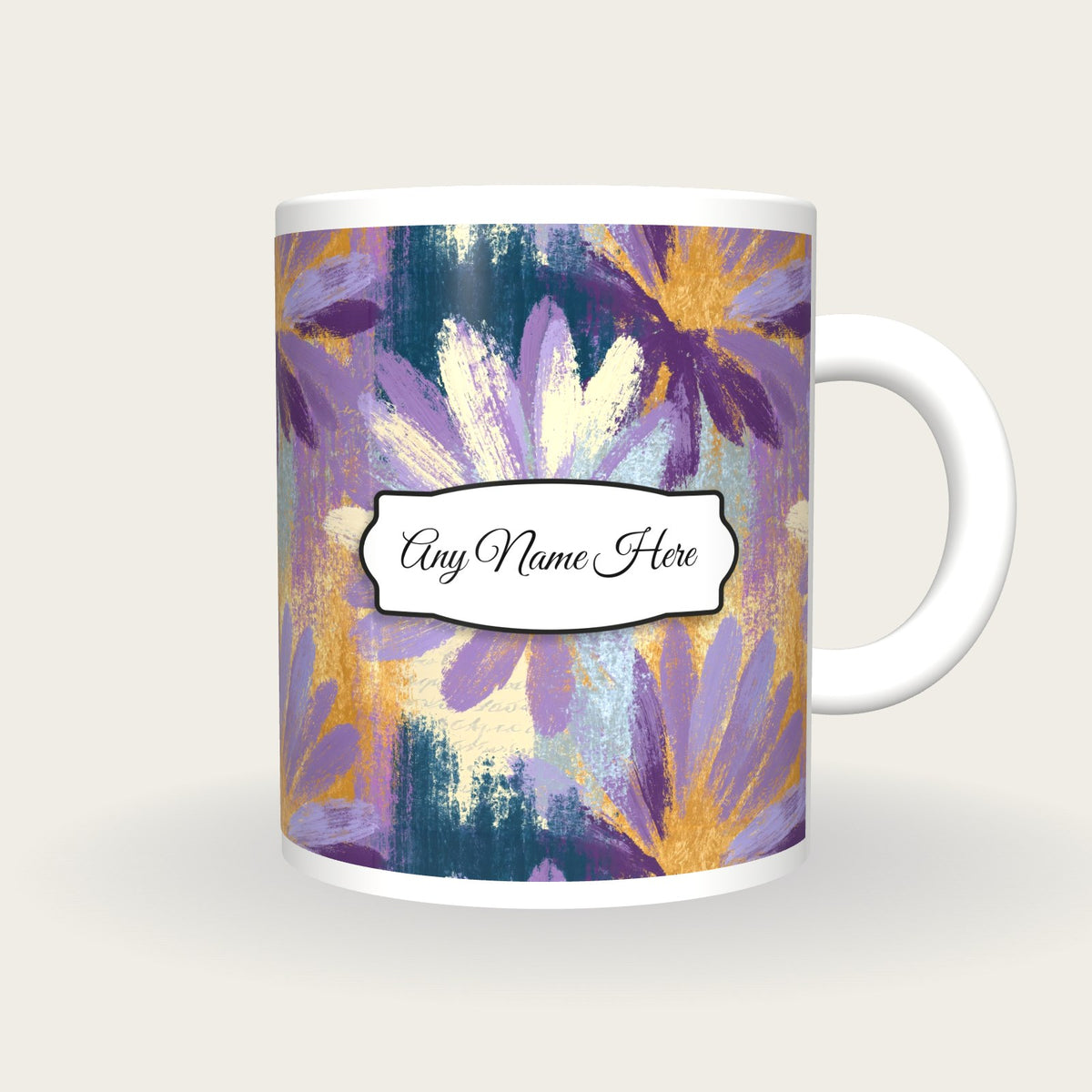 Oil Pastel Daisy Hearts Name Mug, front with the name label