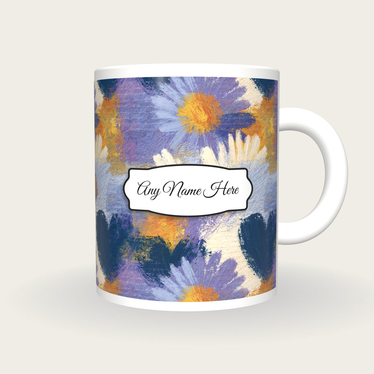 Oil Pastel Daisy Hearts Name Mug 2, front with the name label
