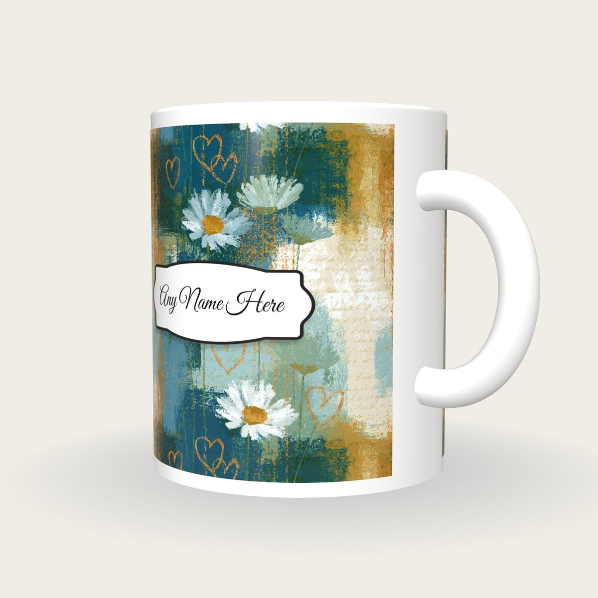 Pixel Daisies Hearts Name Mug, three-quarter view