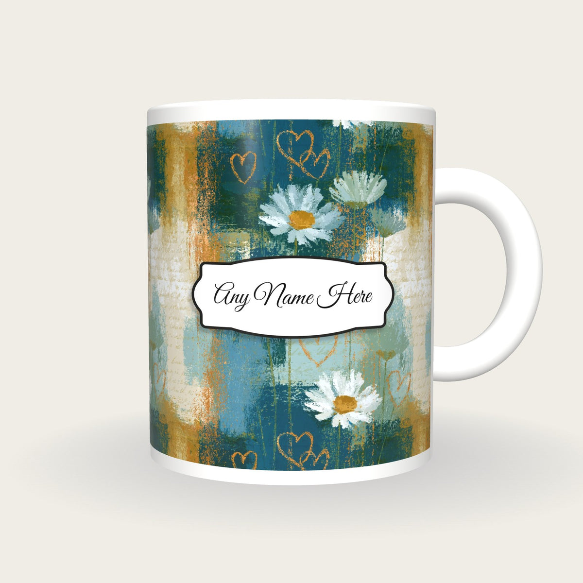 Pixel Daisies Hearts Name Mug, front with the name label