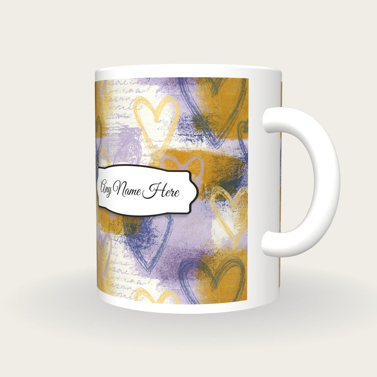 Drypoint Heart Name Mug, three-quarter view