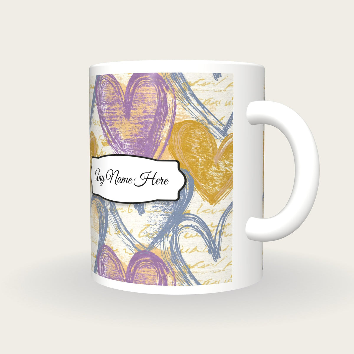 Drypoint Heart Name Mug 4, three-quarter view