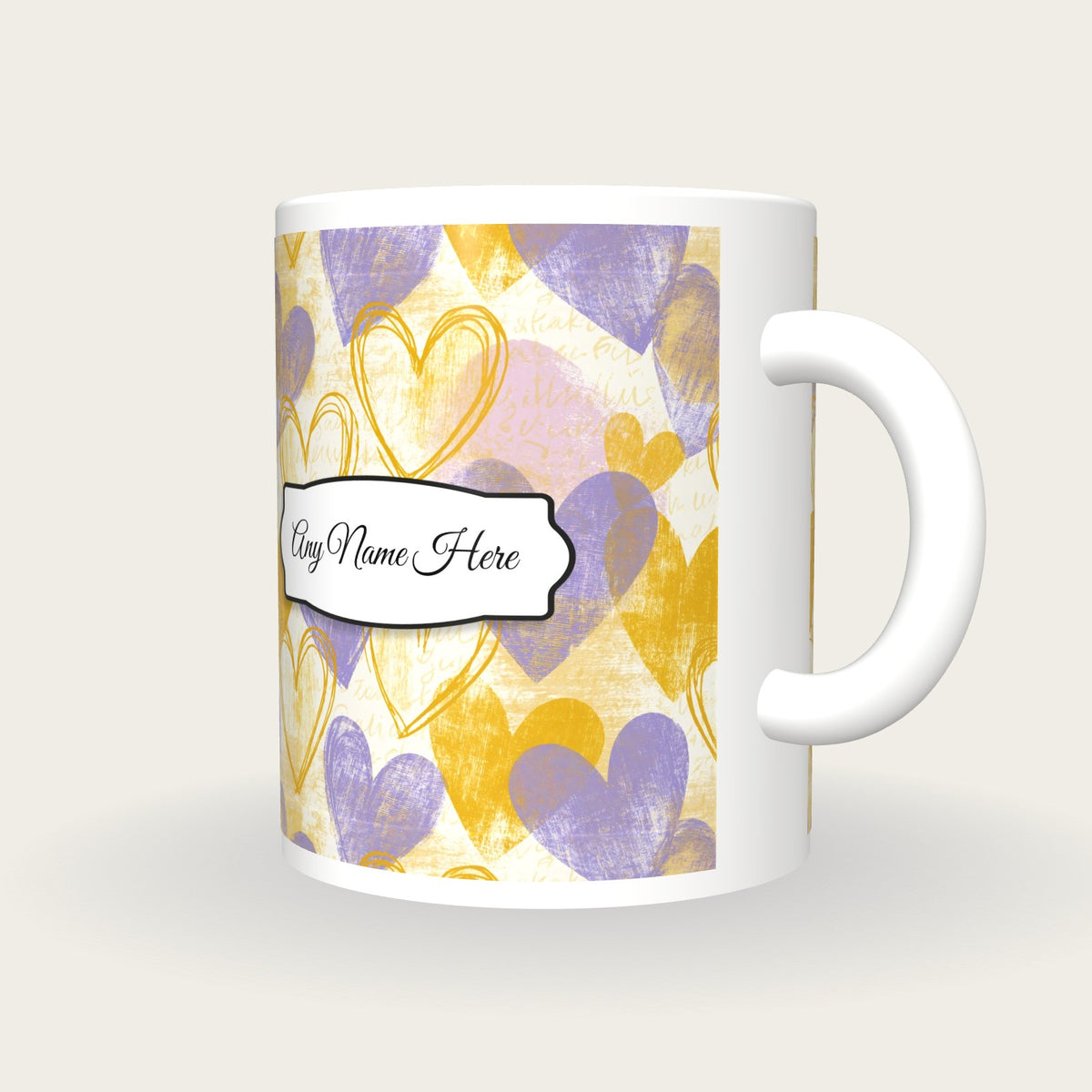 Drypoint Heart Name Mug 2, three-quarter view