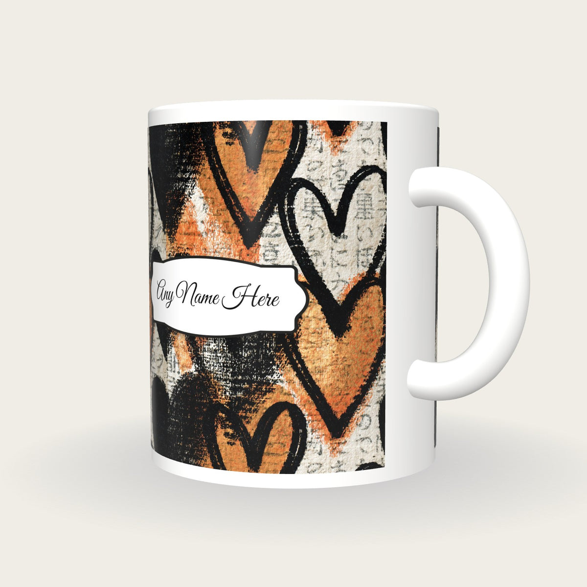 Drypoint Hearts Name Mug, three-quarter view