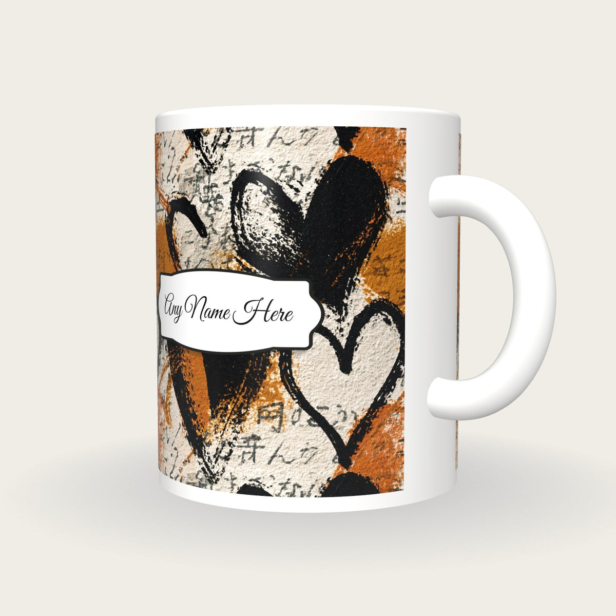 Drypoint Hearts Name Mug 2, three-quarter view