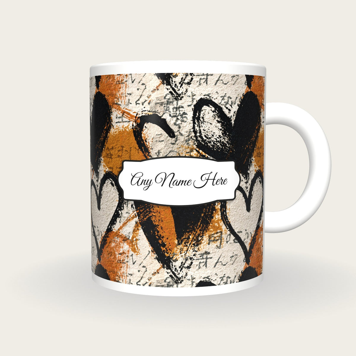Drypoint Hearts Name Mug 2, front with the name label