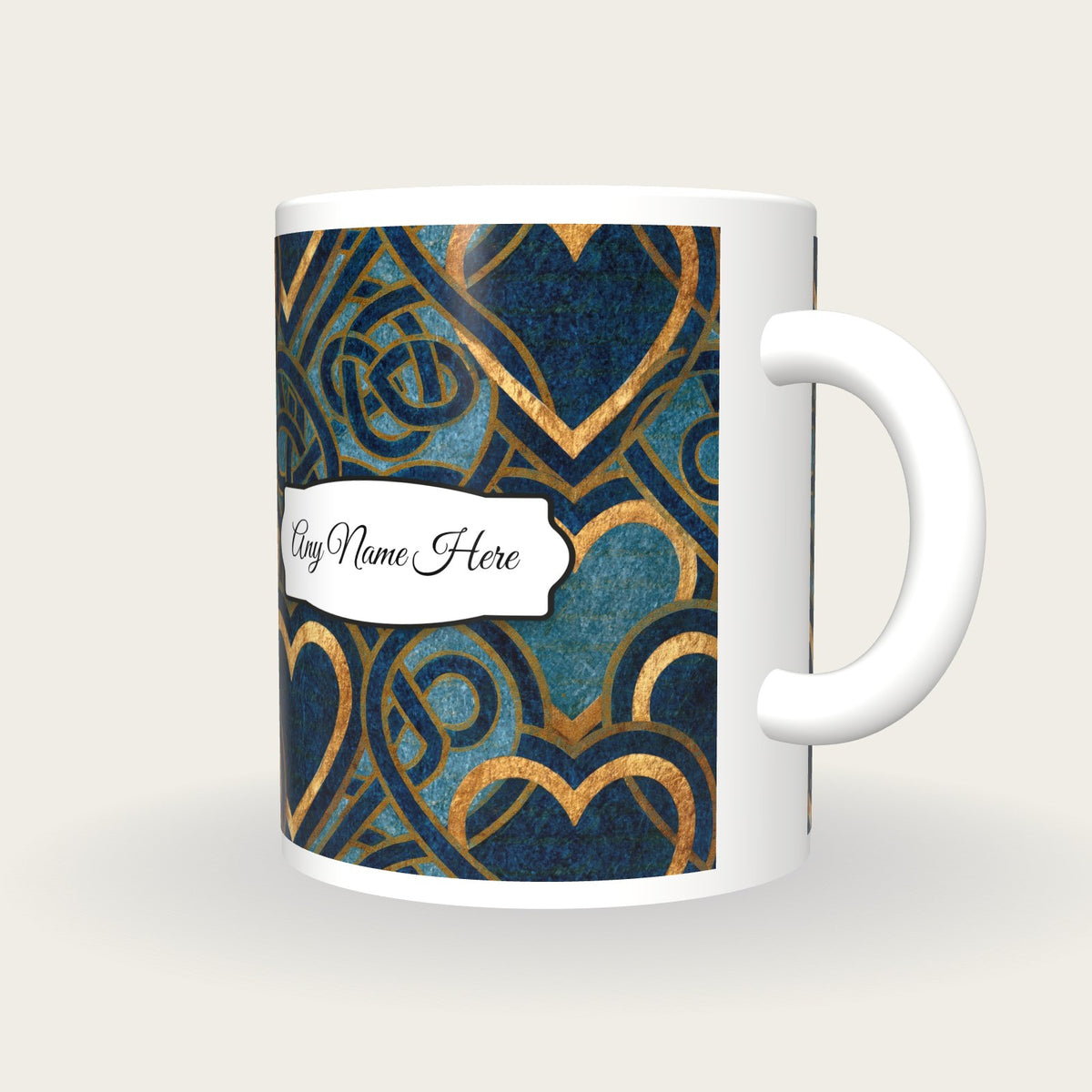 Lithograph Hearts Celtic Knots Name Mug, three-quarter view