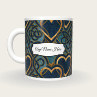 Lithograph Hearts Celtic Knots Name Mug, back with the second name label