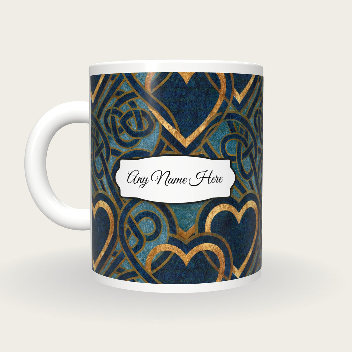 Lithograph Hearts Celtic Knots Name Mug, back with the second name label