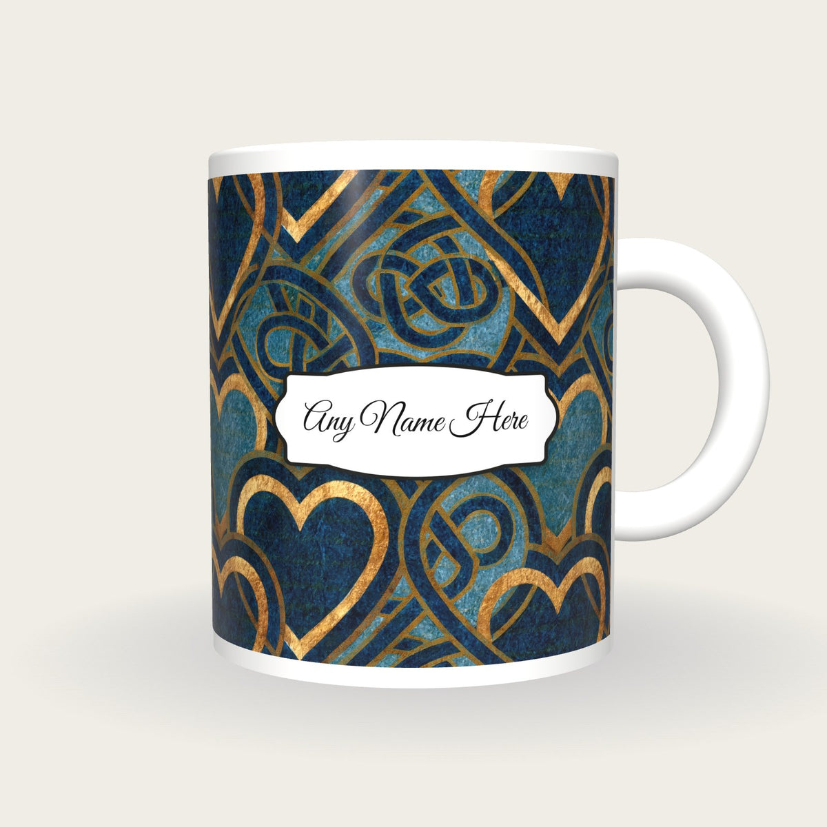 Lithograph Hearts Celtic Knots Name Mug, front with the name label