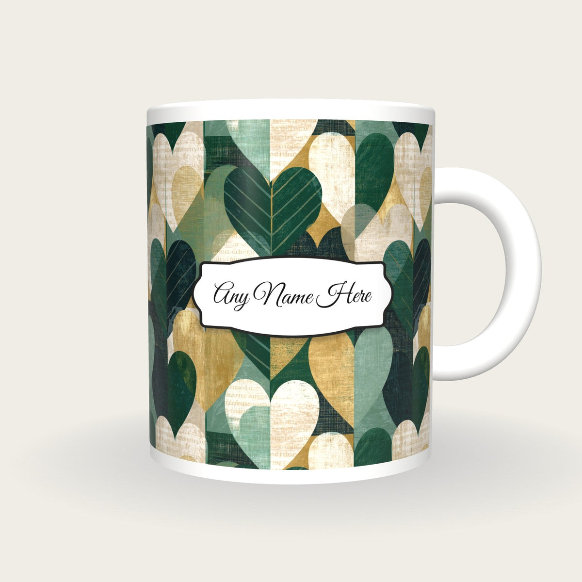 Screenprint Heart Name Mug, front with the name label