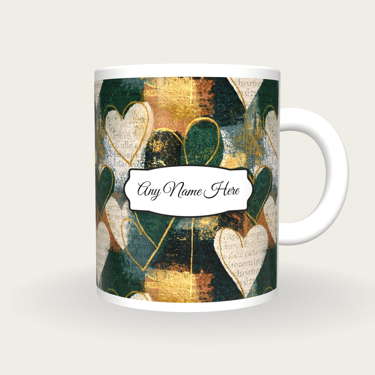 Screenprint Heart Name Mug 3, front with the name label