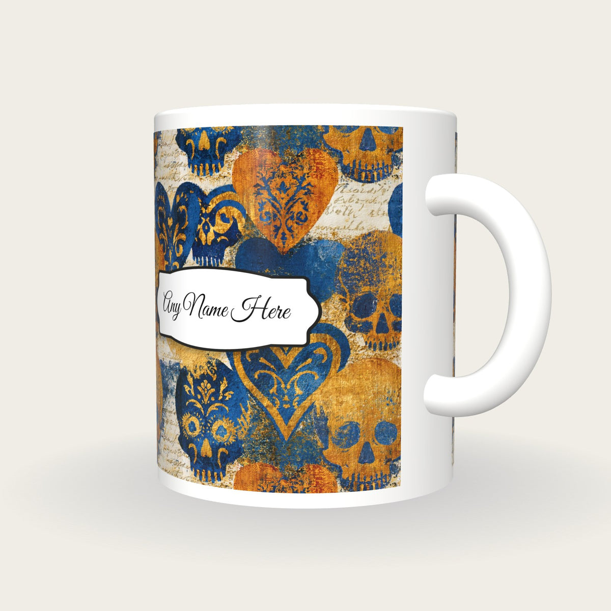 Magic Realism Skulls Hearts Name Mug, three-quarter view