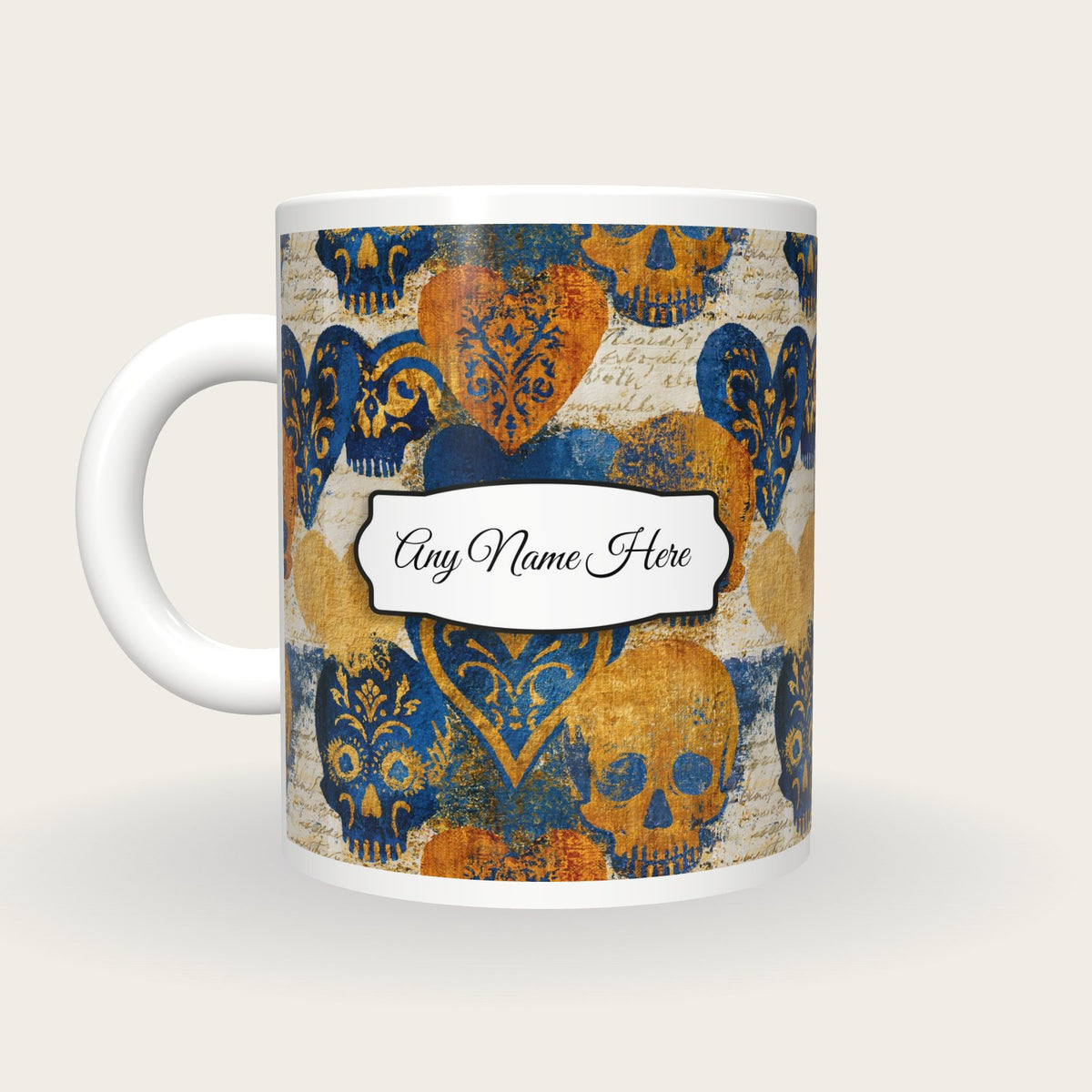 Magic Realism Skulls Hearts Name Mug, back with the second name label
