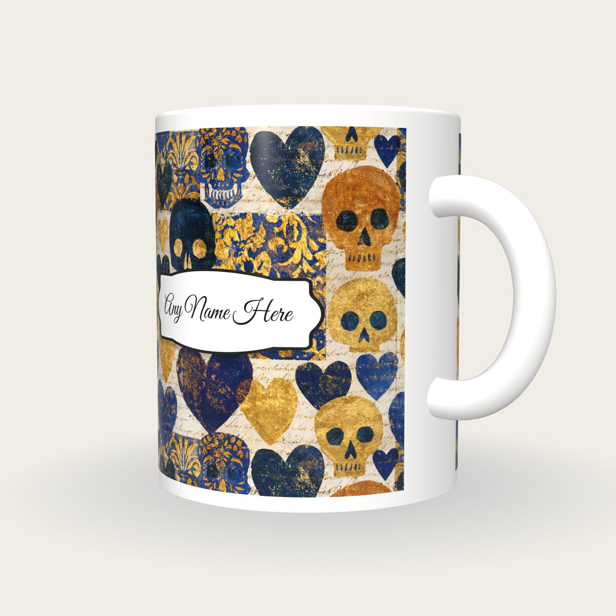 Magic Realism Skulls Hearts Name Mug 3, three-quarter view