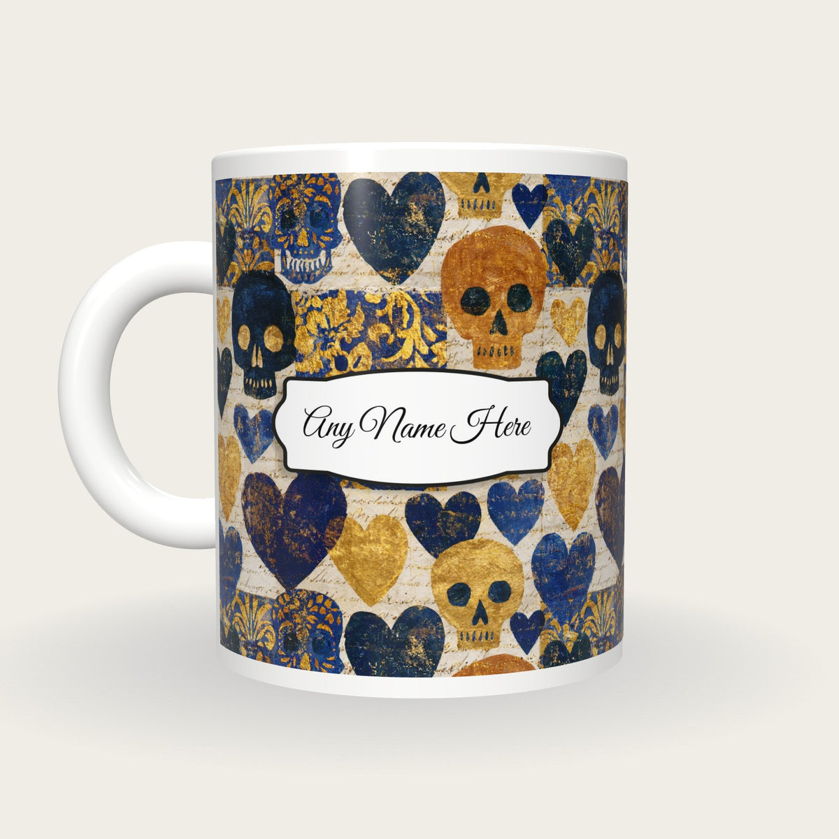 Magic Realism Skulls Hearts Name Mug 3, back with the second name label