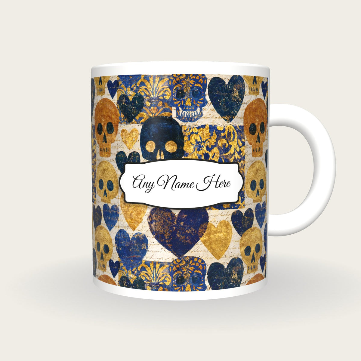 Magic Realism Skulls Hearts Name Mug 3, front with the name label
