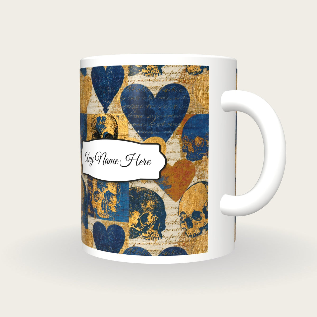 Magic Realism Skulls Hearts Name Mug 2, three-quarter view