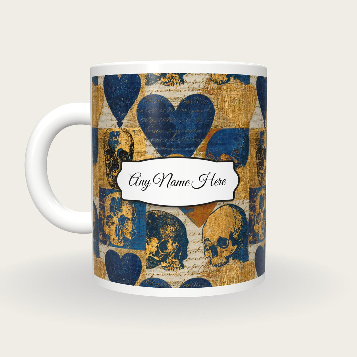 Magic Realism Skulls Hearts Name Mug 2, back with the second name label