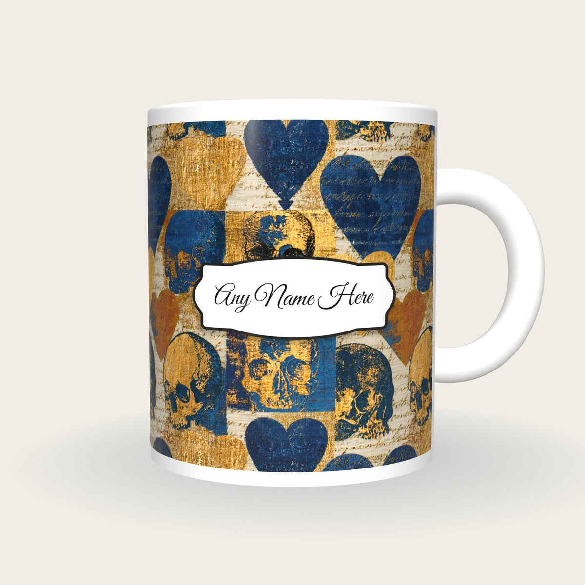 Magic Realism Skulls Hearts Name Mug 2, front with the name label
