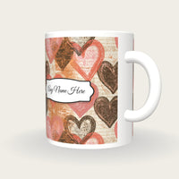 Woodcut Hearts Name Mug 2, three-quarter view