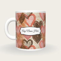 Woodcut Hearts Name Mug 2, back with the second name label