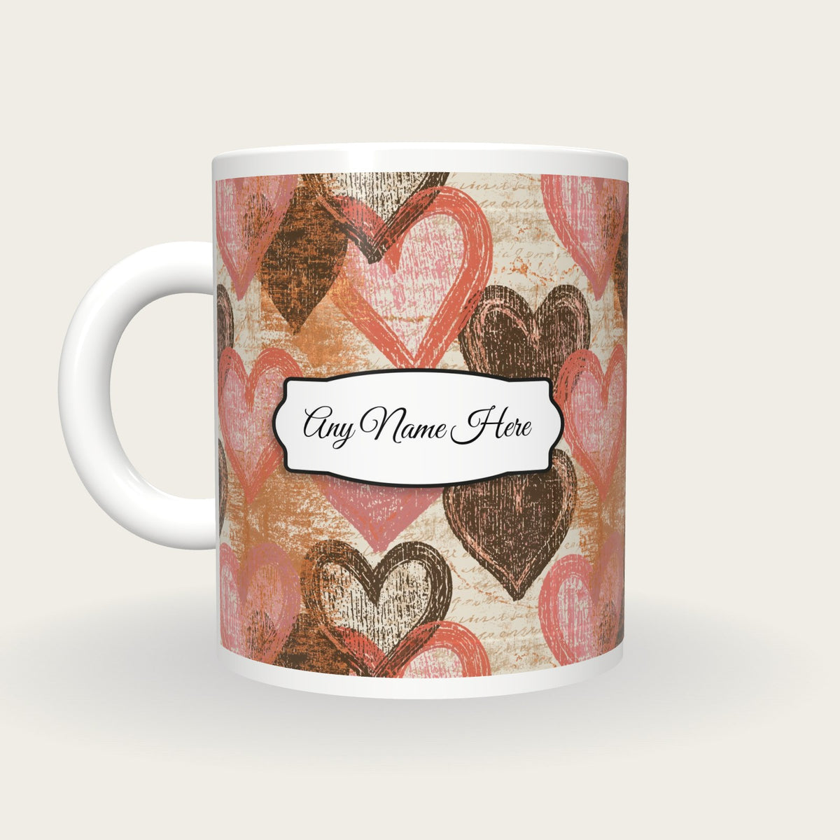 Woodcut Hearts Name Mug 2, back with the second name label
