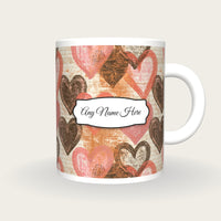 Woodcut Hearts Name Mug 2, front with the name label