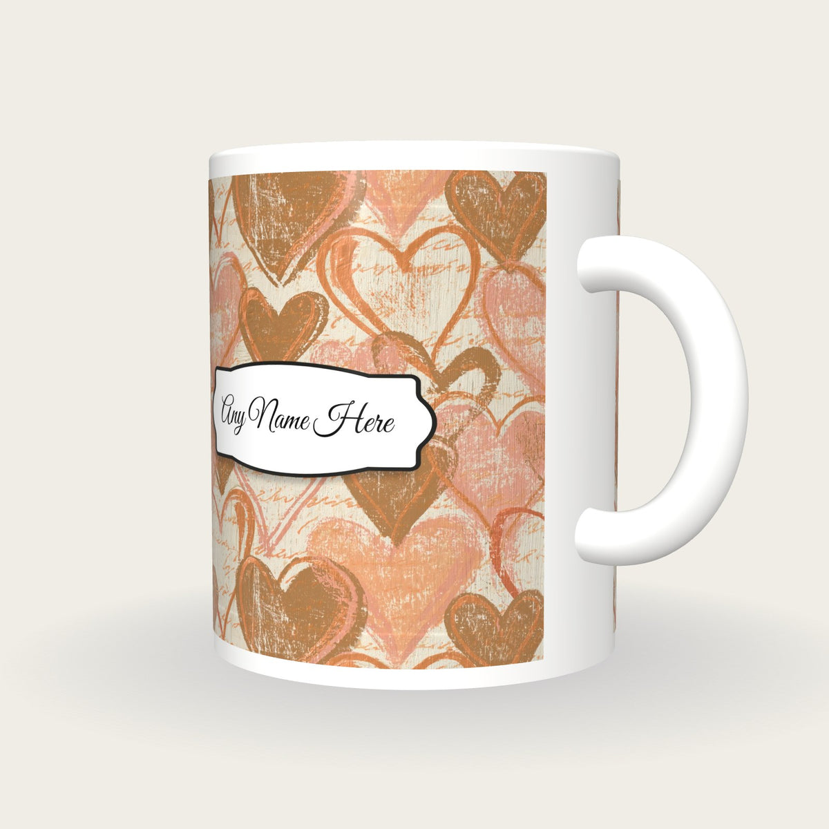 Woodcut Hearts Name Mug 3, three-quarter view