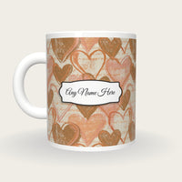 Woodcut Hearts Name Mug 3, back with the second name label