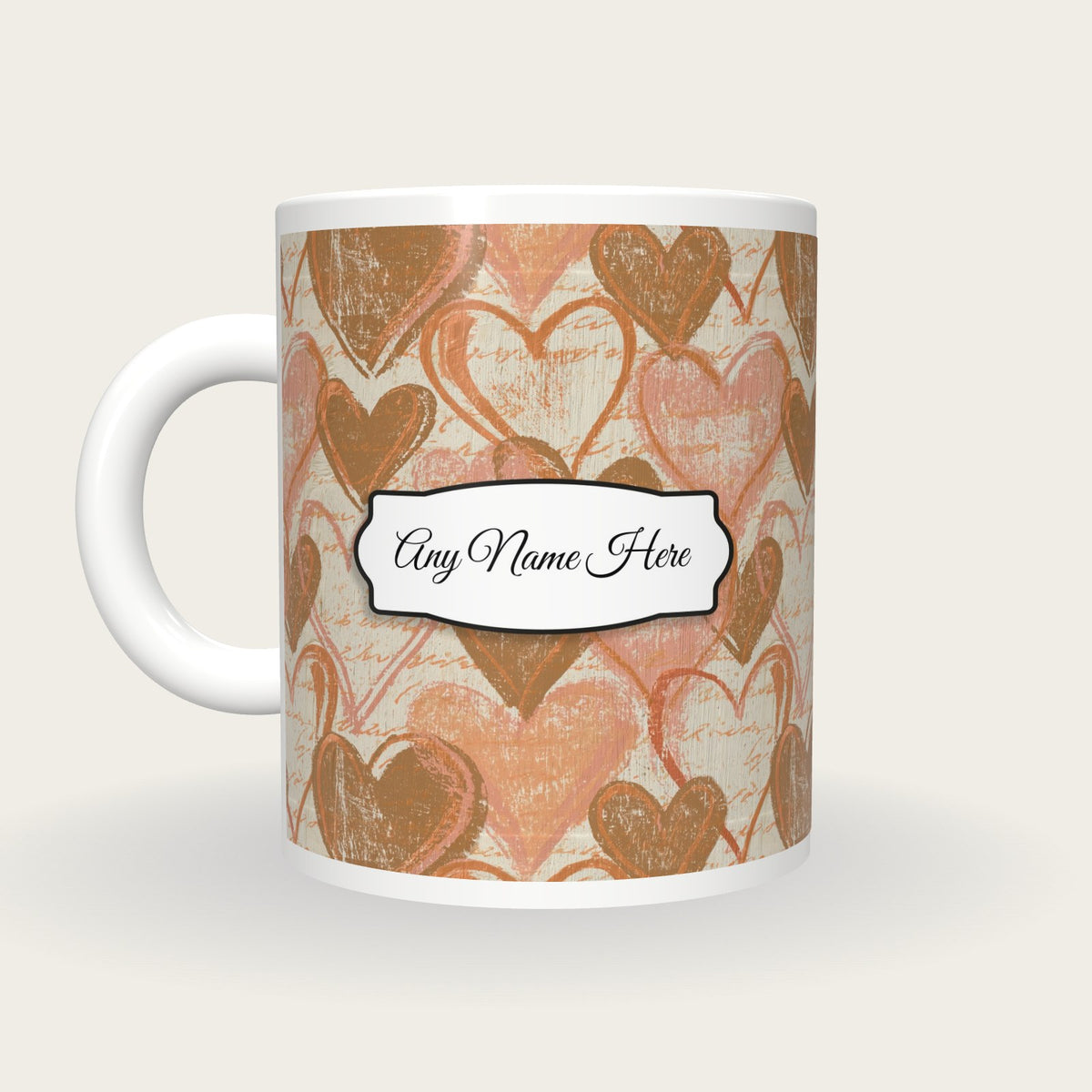 Woodcut Hearts Name Mug 3, back with the second name label