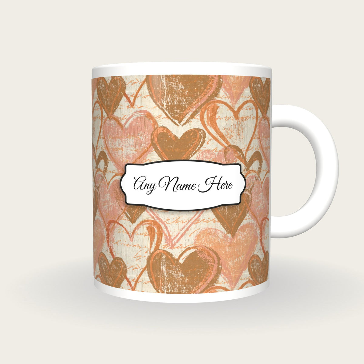Woodcut Hearts Name Mug 3, front with the name label