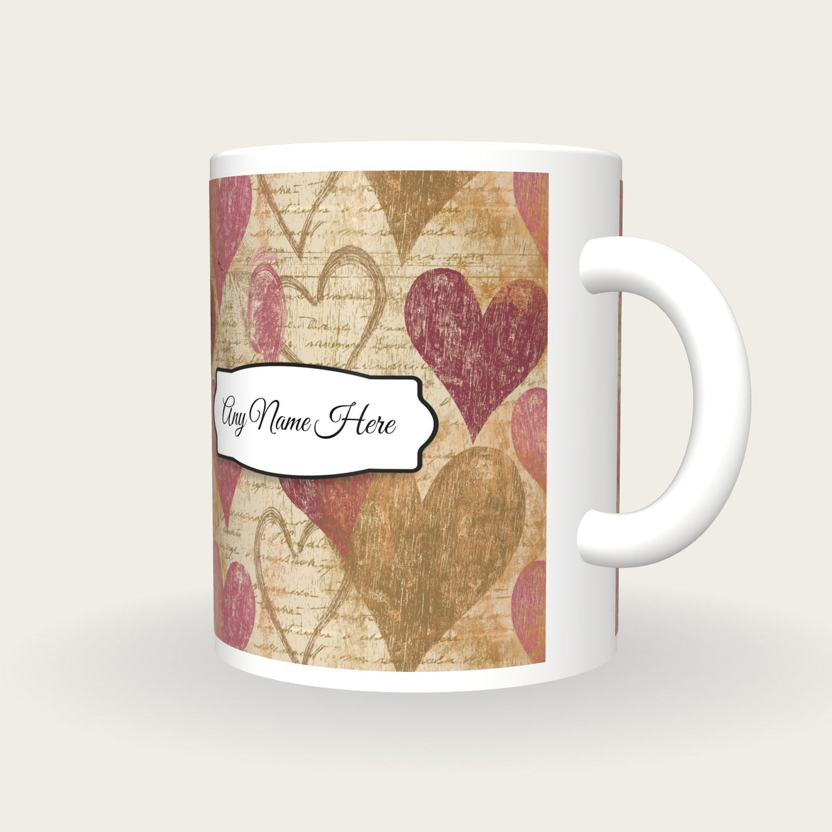 Woodcut Hearts Name Mug 4, three-quarter view