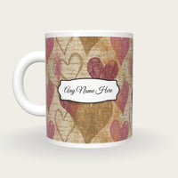 Woodcut Hearts Name Mug 4, back with the second name label