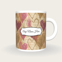 Woodcut Hearts Name Mug 4, front with the name label