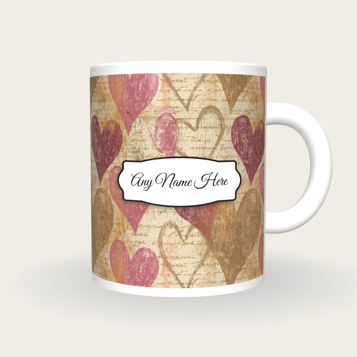 Woodcut Hearts Name Mug 4, front with the name label
